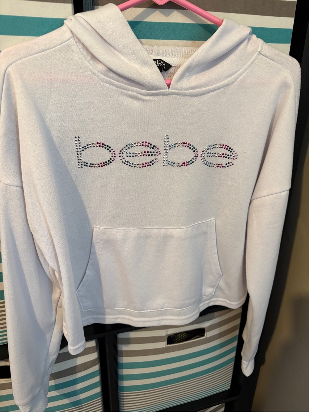 bebe White Hoodie with Multicolor Crystal Logo